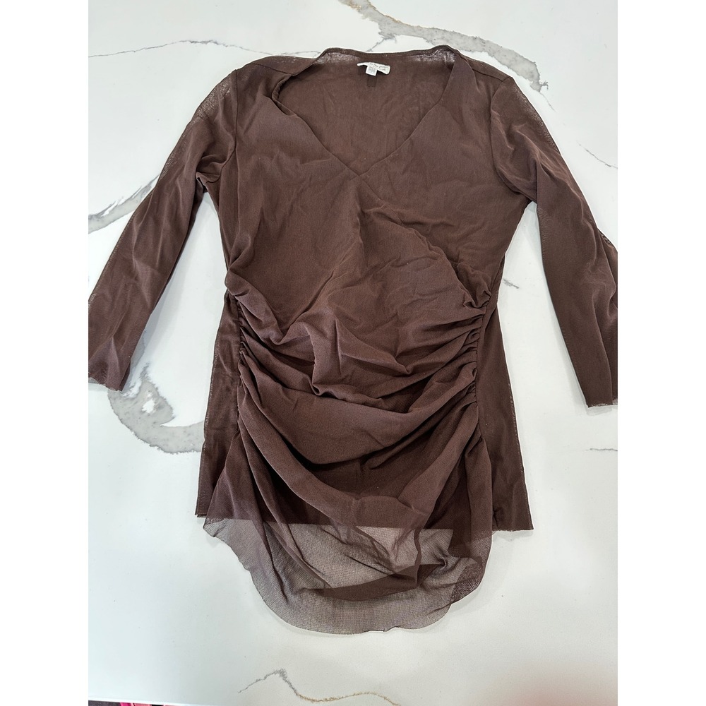 A Pea in the Pod Maternity Brown Mesh Ruched V-Neck Long Sleeve Top Large